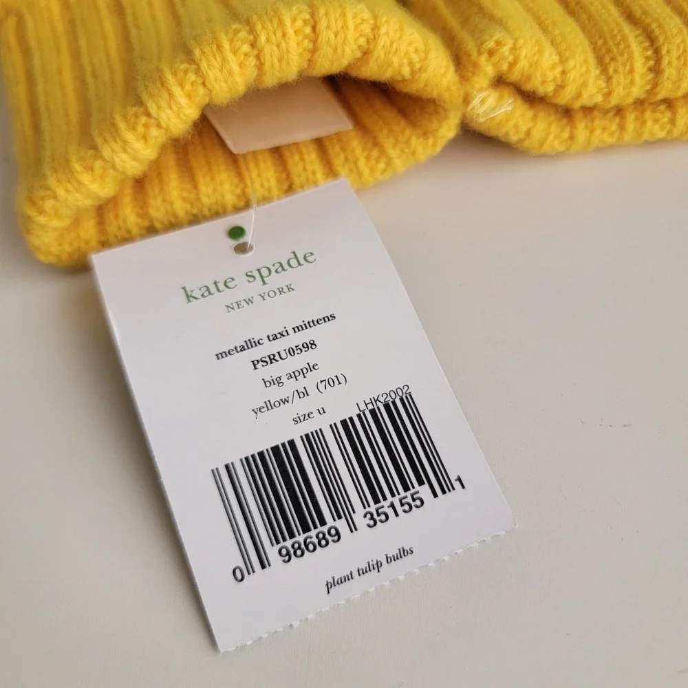 Kate Spade Metallic‎ Taxi Mittens Yellow Black Big Apple Wool Blend Original Box